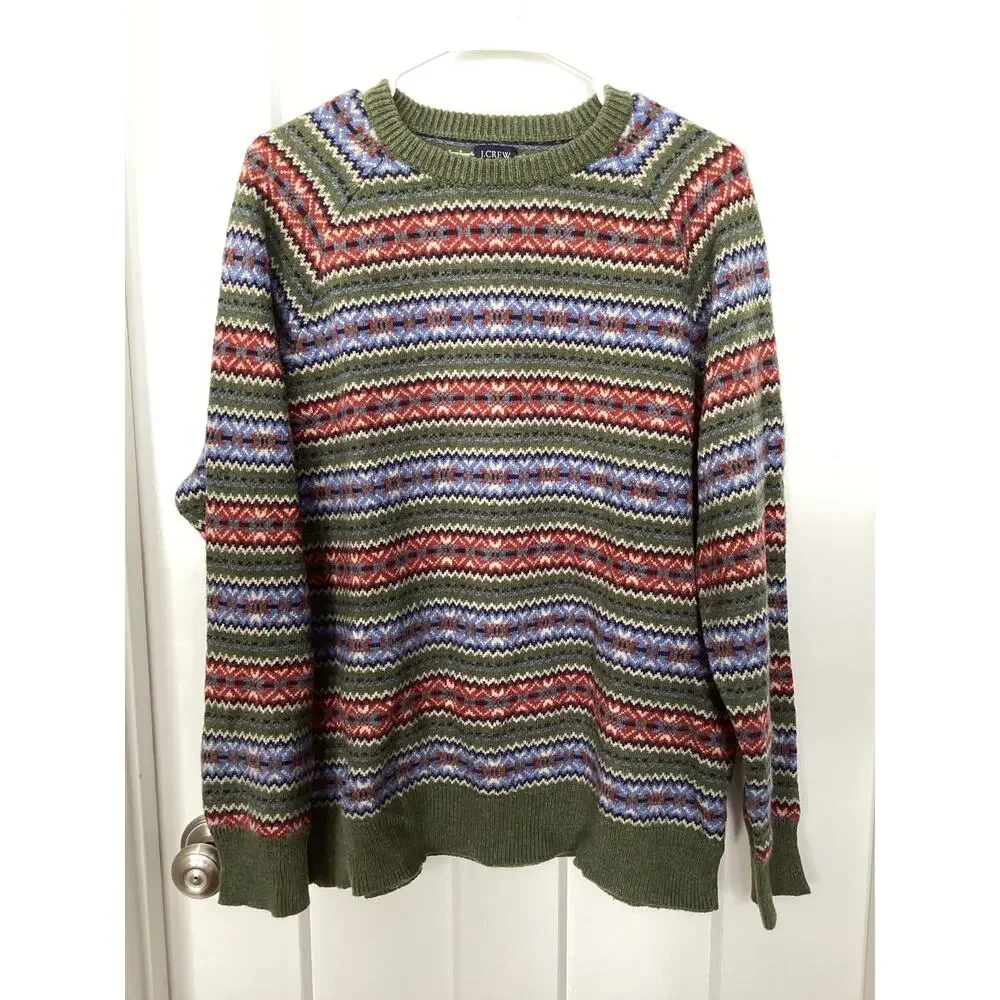 J. CREW Men's Lambswool-Blend‎ Fair Isle Crewneck Jumper Festive Green Size XL